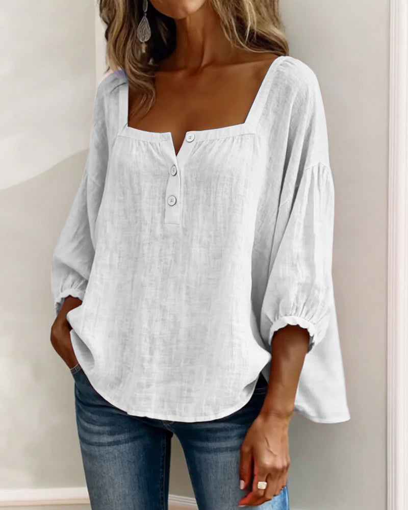 Blouse en lin femme à encolure carrée et manches bouffantes 3/4