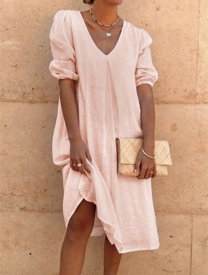 Robe d'été droite pour femme en lin avec col en V et fraîcheur élégante
