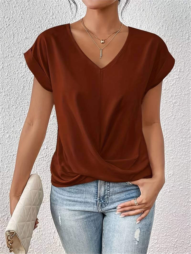 Top pour femme automne fluide élégant en coton mélangé avec col V Elysia