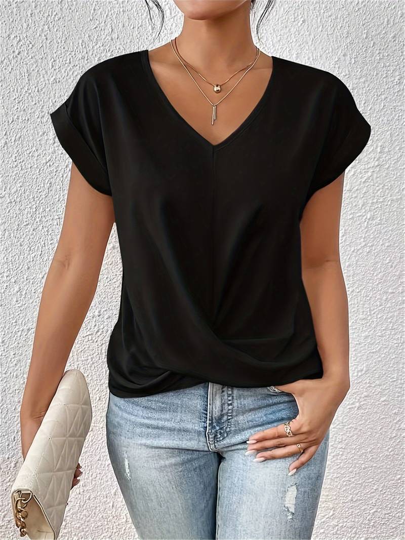 Top pour femme automne fluide élégant en coton mélangé avec col V Elysia
