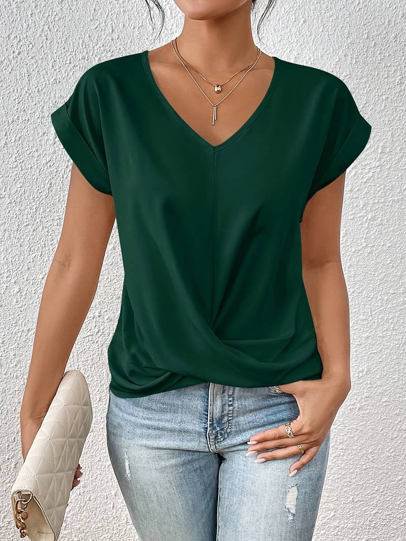 Top pour femme automne fluide élégant en coton mélangé avec col V Elysia