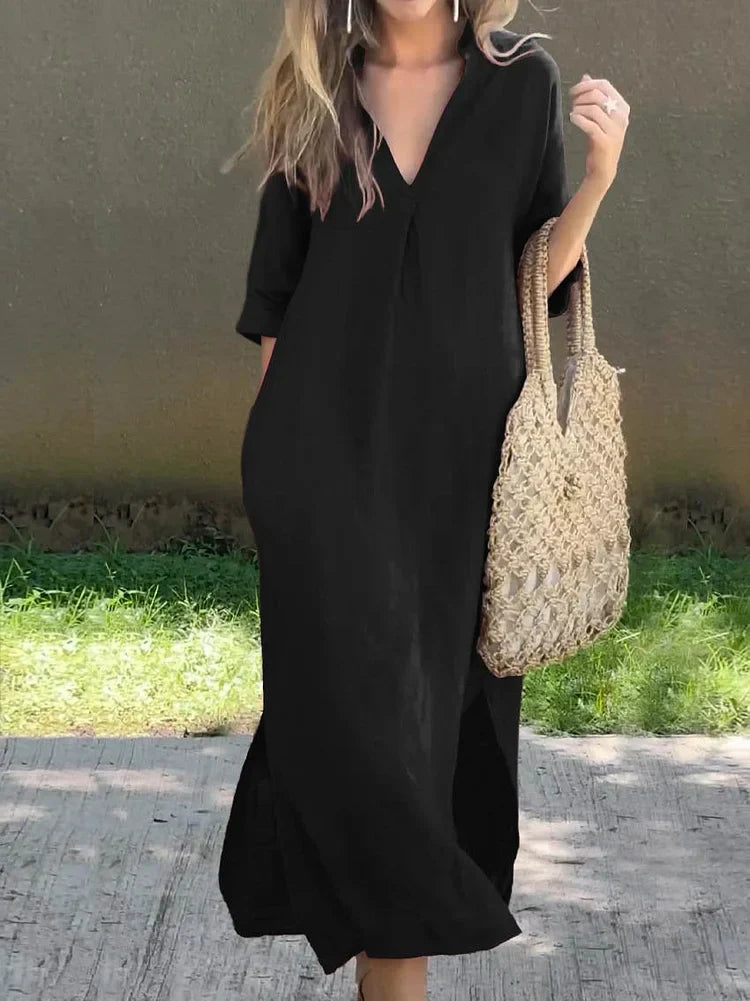 Robe d’été en lin pour femme à col V et poches