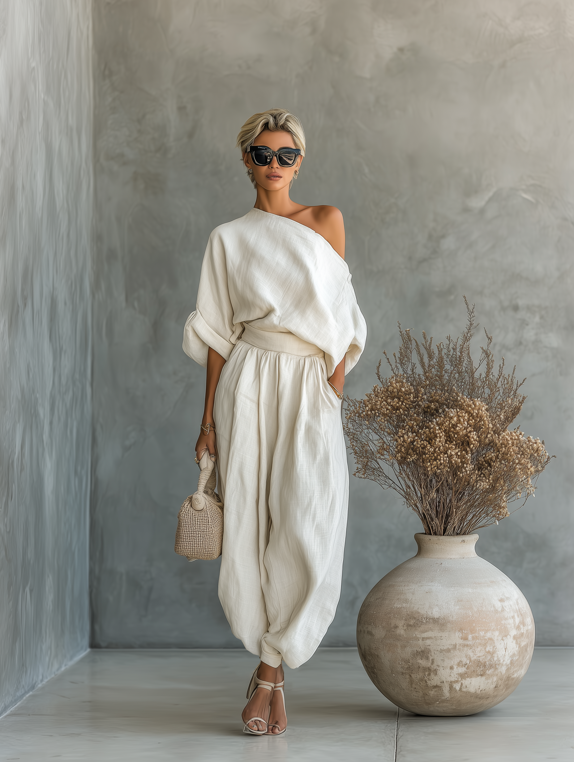 Émilie – Ensemble deux pièces en lin avec top à épaules dénudées et pantalon fuselé femme