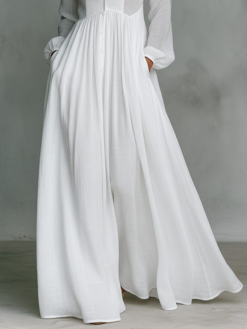 Justine – Robe chemise maxi en lin à col montant et manches longues femme