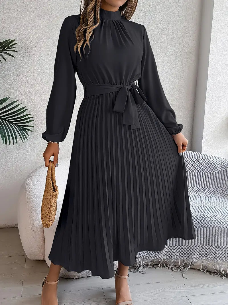 Camille – Robe midi plissée à manches longues avec ceinture femme