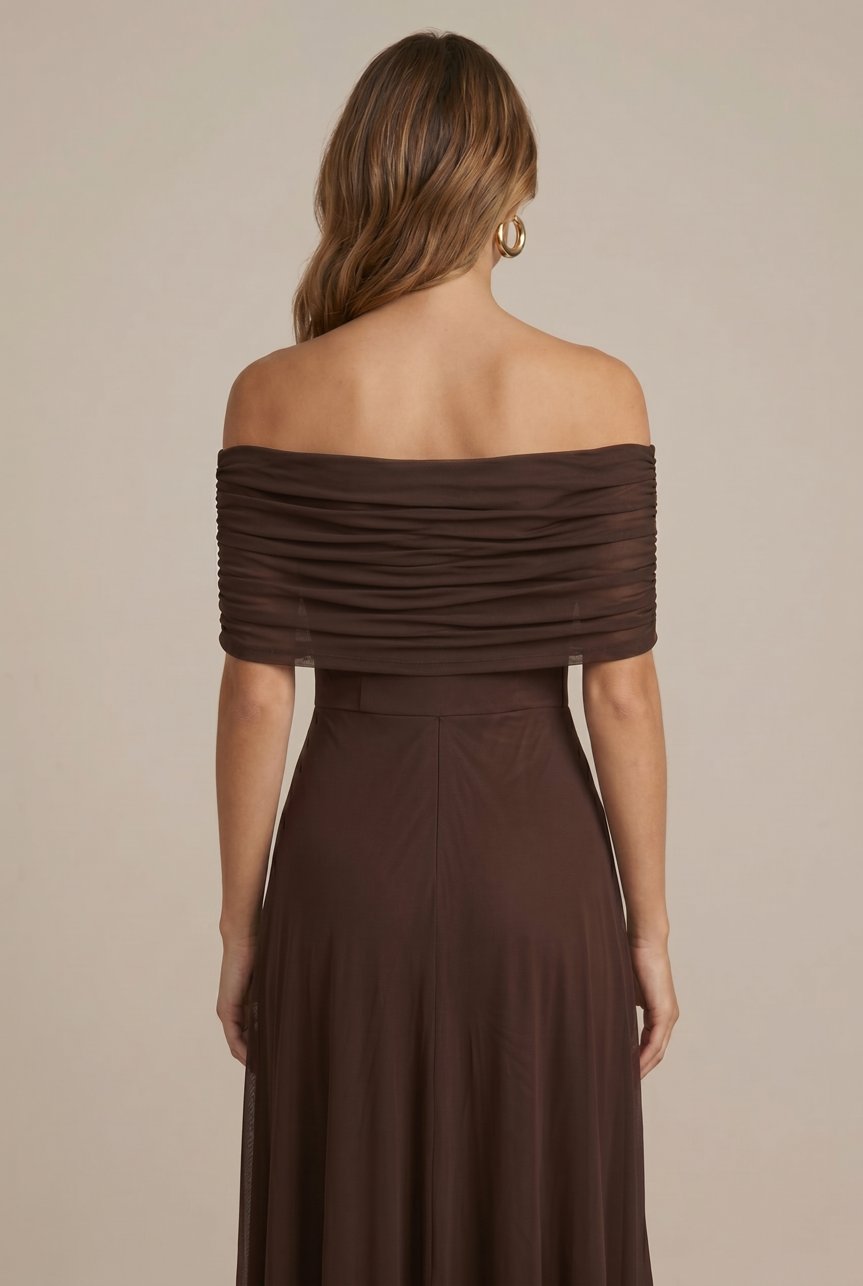 Eugénie – Robe maxi en mesh à épaules dénudées et volants femme