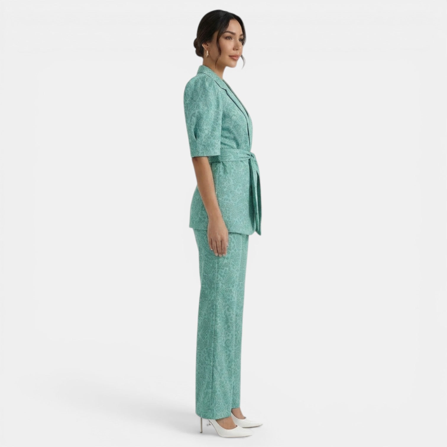 Charlotte – Ensemble deux pièces femme avec blouse à manches bouffantes et pantalon droit