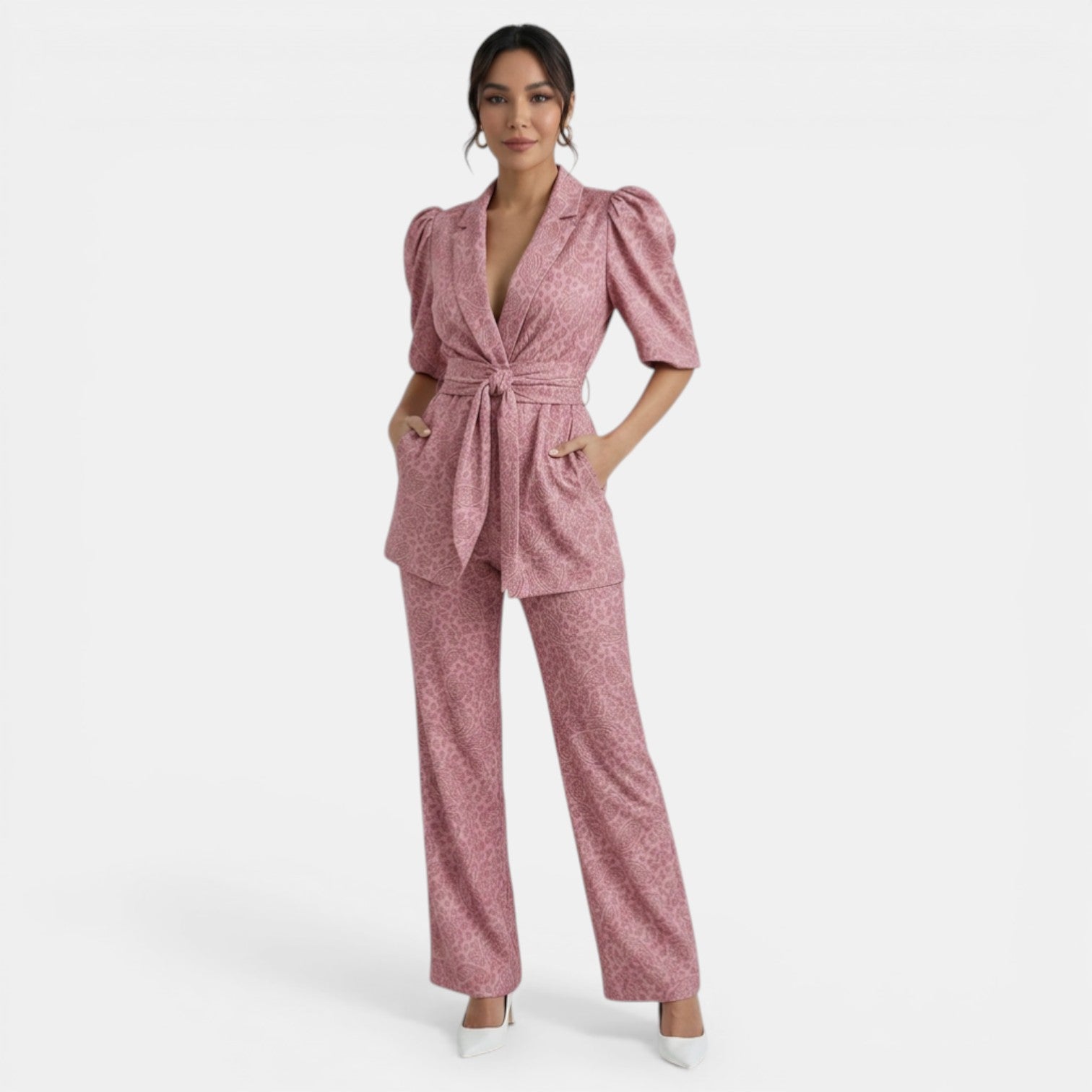 Charlotte – Ensemble deux pièces femme avec blouse à manches bouffantes et pantalon droit