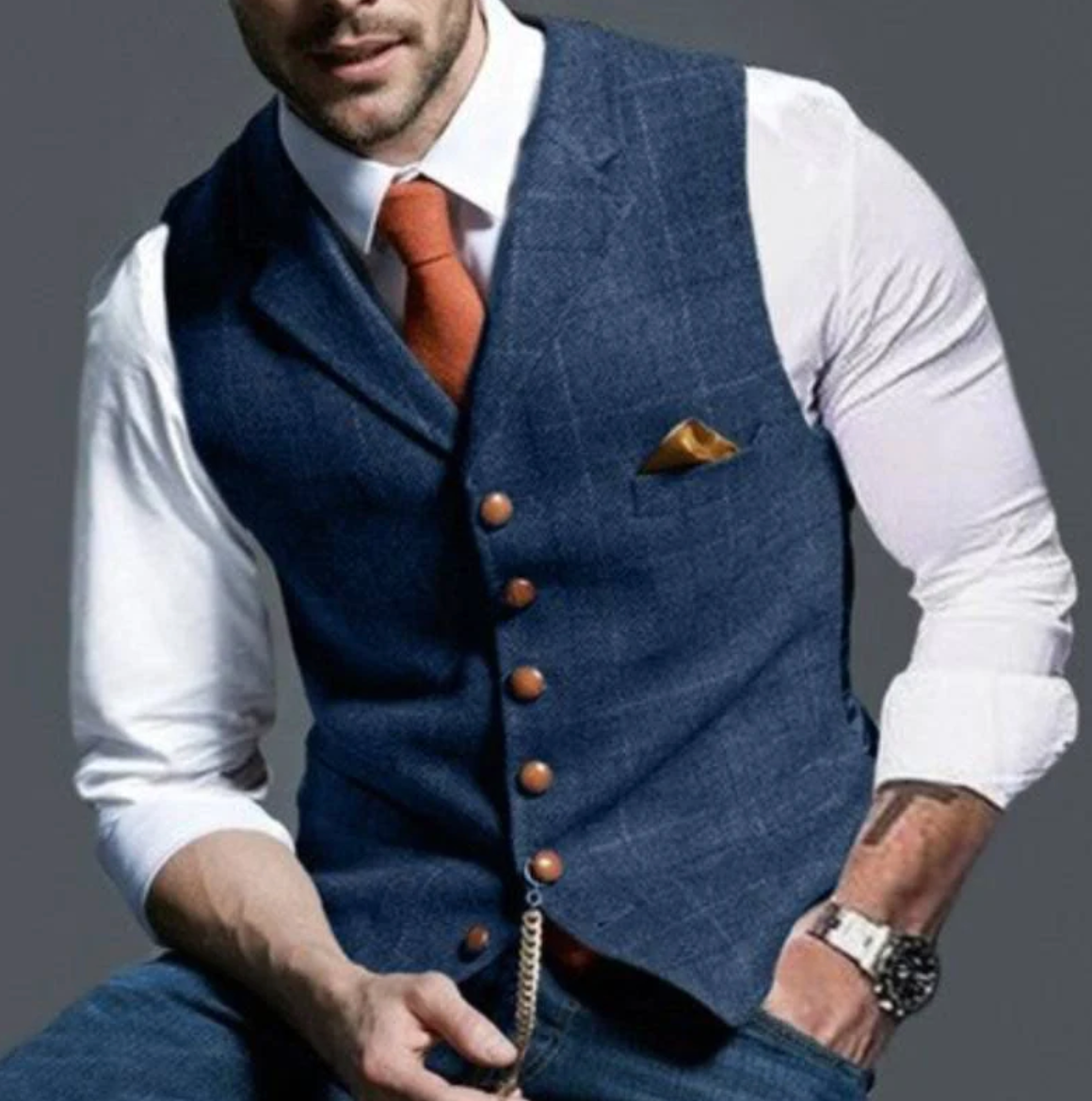 Gilet de costume homme à carreaux col en V boutonné 1