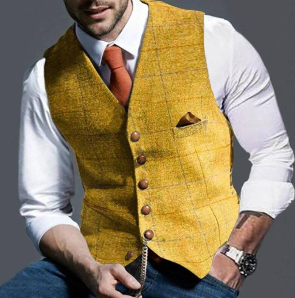 Gilet de costume homme à carreaux col en V boutonné 3