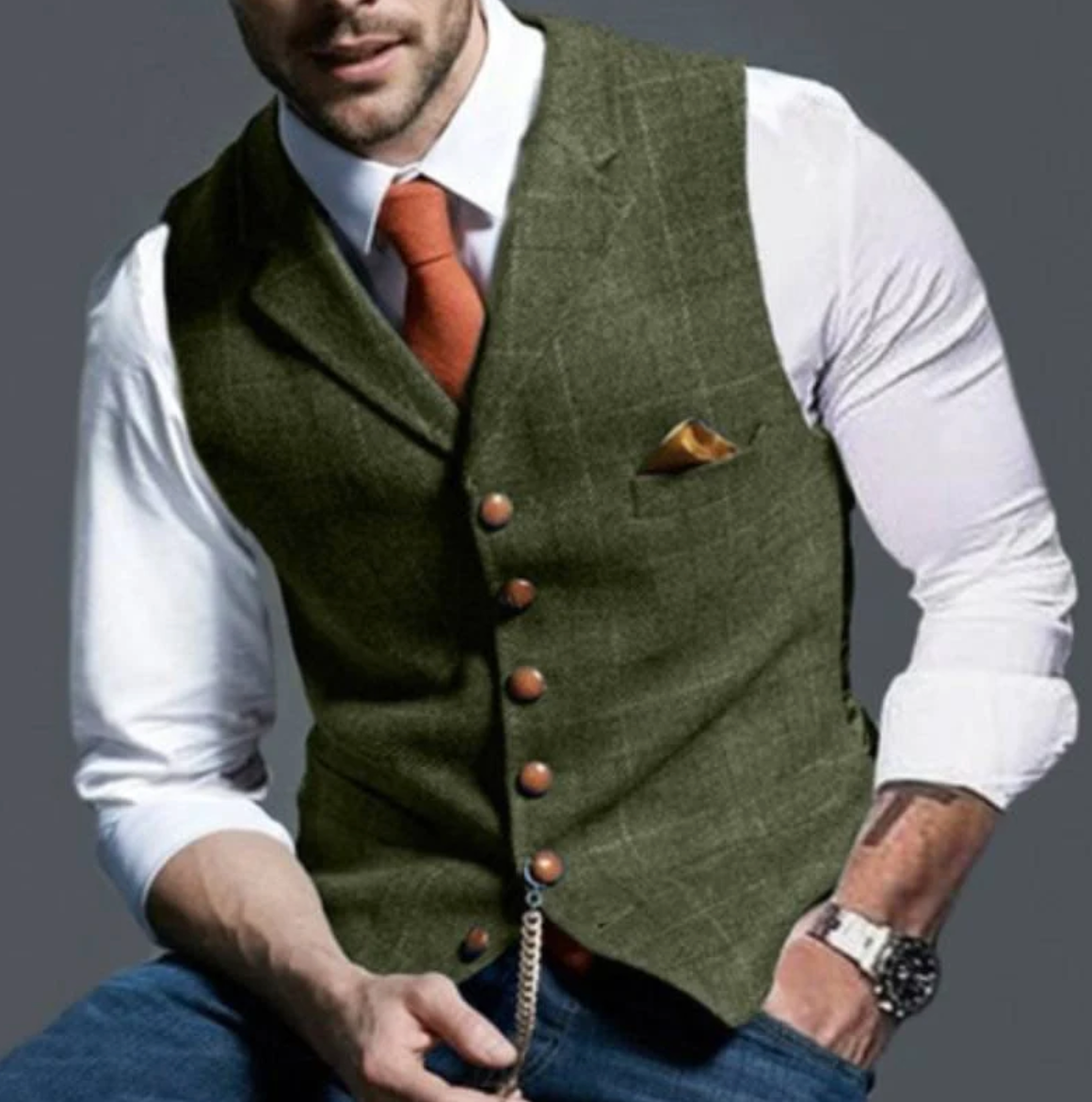 Gilet de costume homme à carreaux col en V boutonné 4