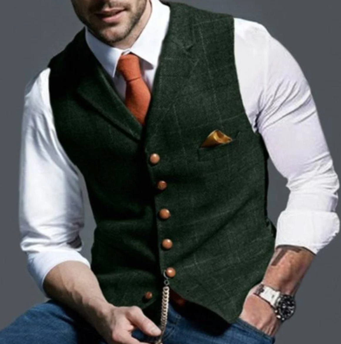 Gilet de costume homme à carreaux col en V boutonné 5