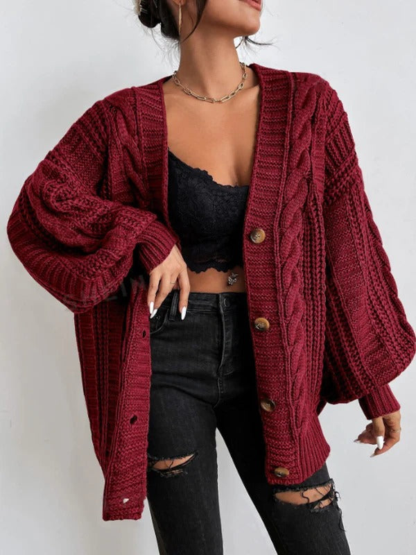 Gilet en maille torsadée femme oversize boutonné col V 1