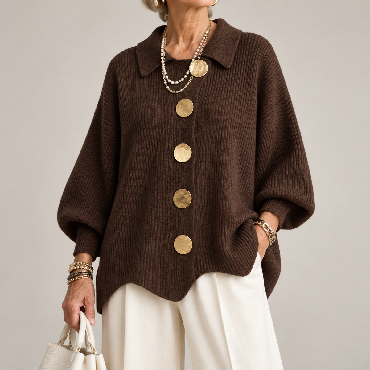 Gilet femme oversize en maille à gros boutons et grand col 7