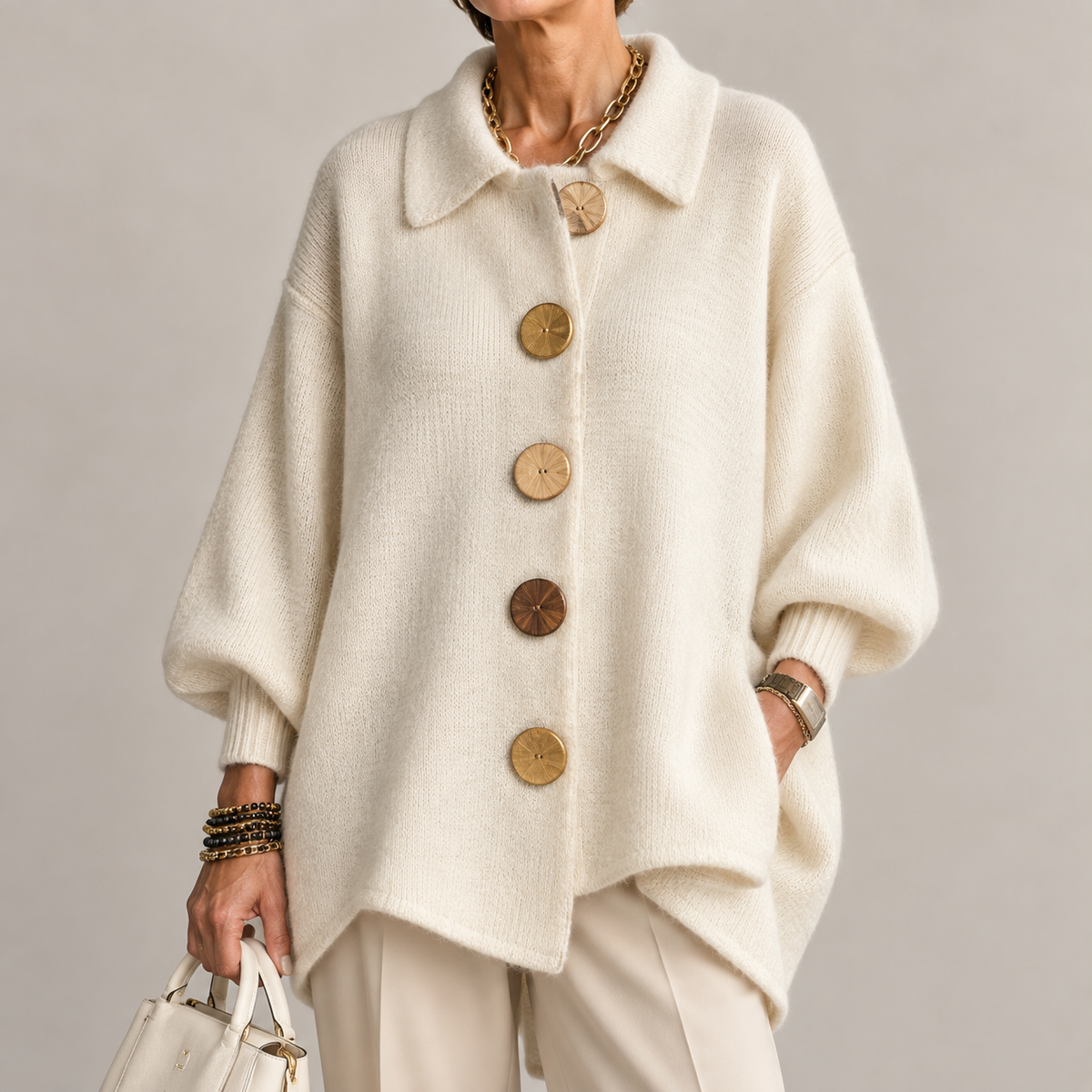 Gilet femme oversize en maille à gros boutons et grand col 8