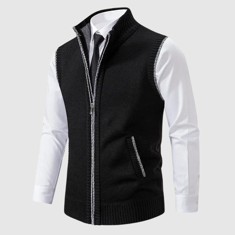 Gilet homme sans manches en laine zippé à col rabattu 1