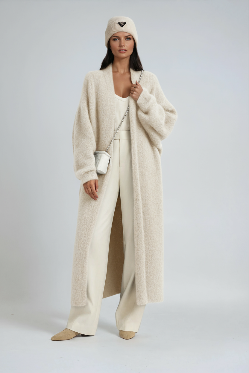 Gilet long femme en maille ouvert sur le devant à épaules tombantes 1