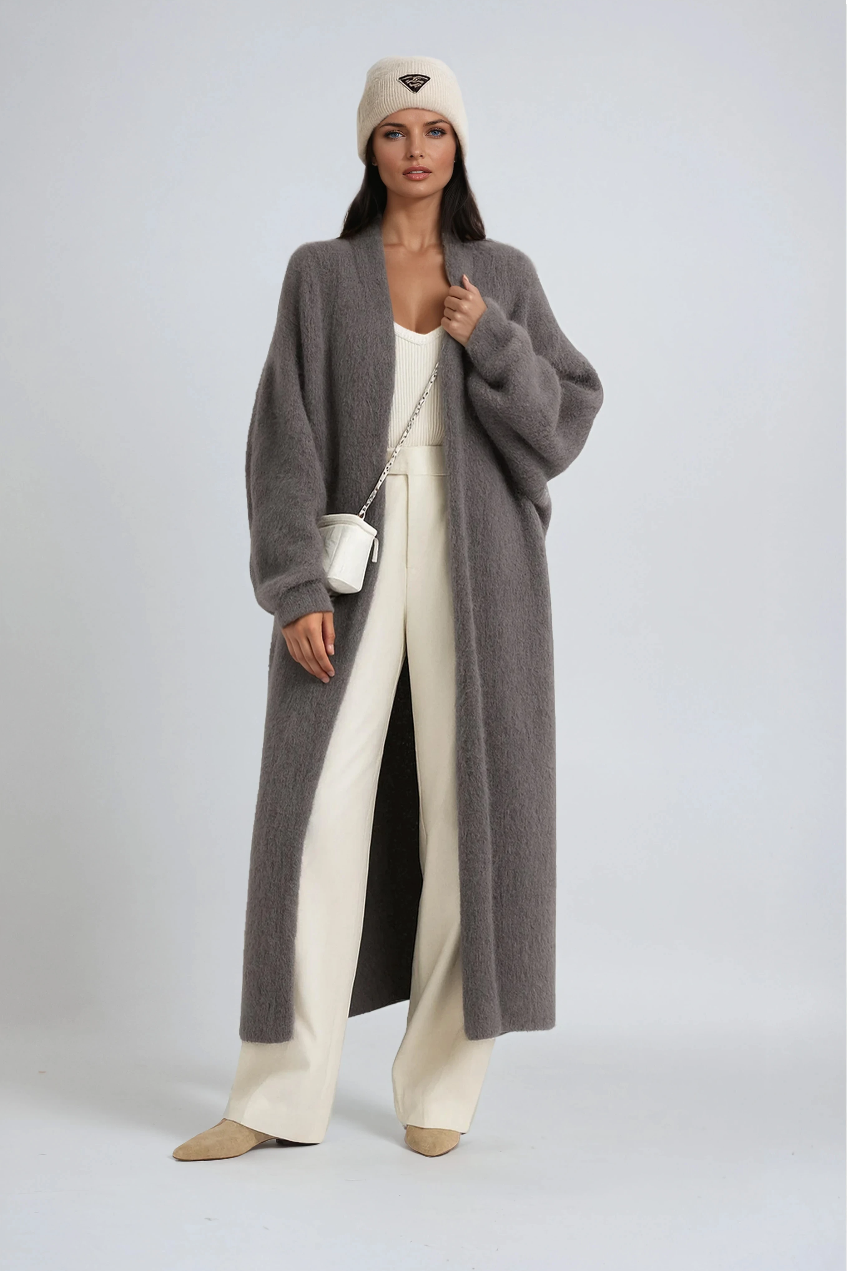 Gilet long femme en maille ouvert sur le devant à épaules tombantes 2