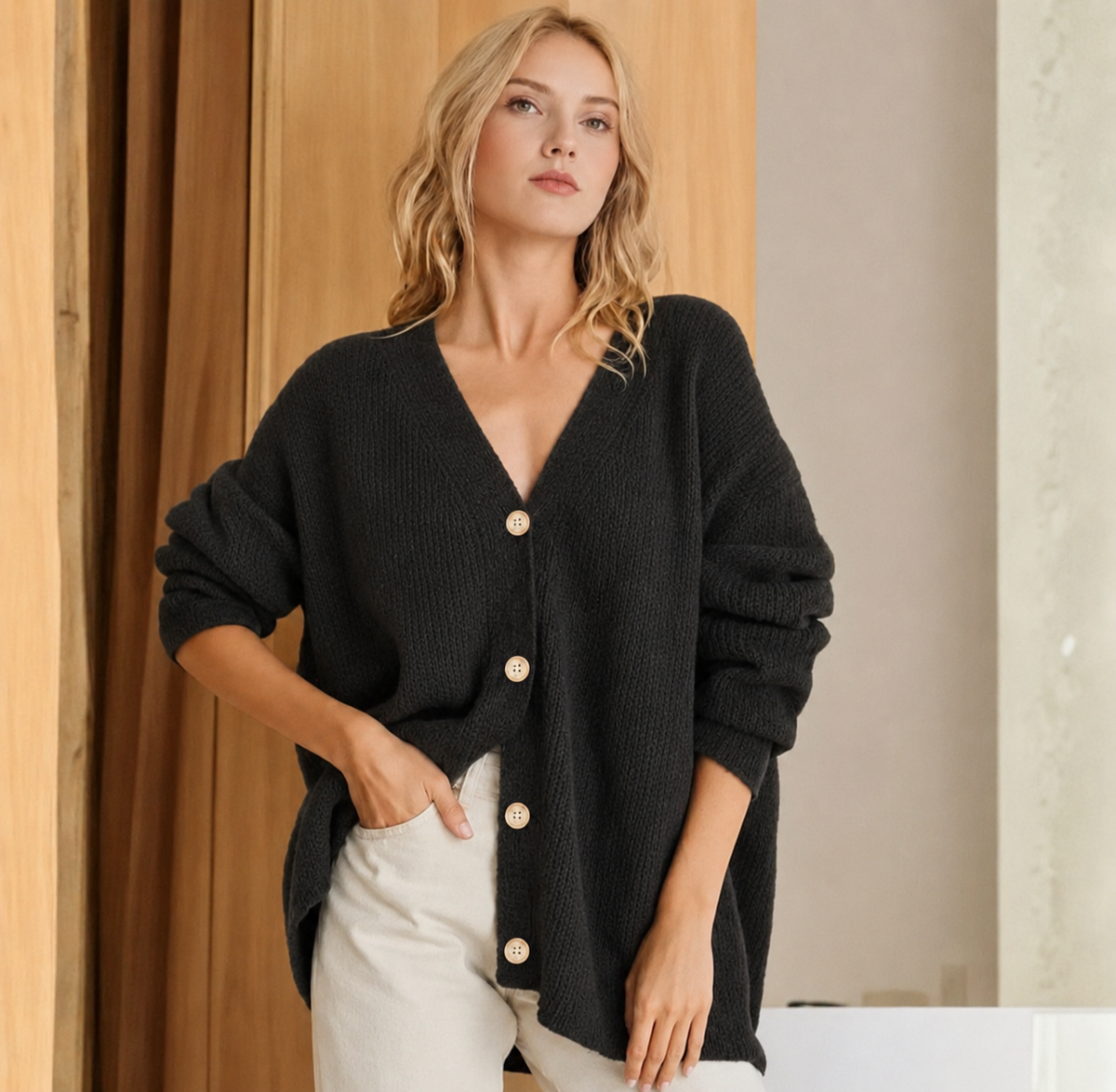 Gilet oversize femme en maille côtelée boutonné col V 3