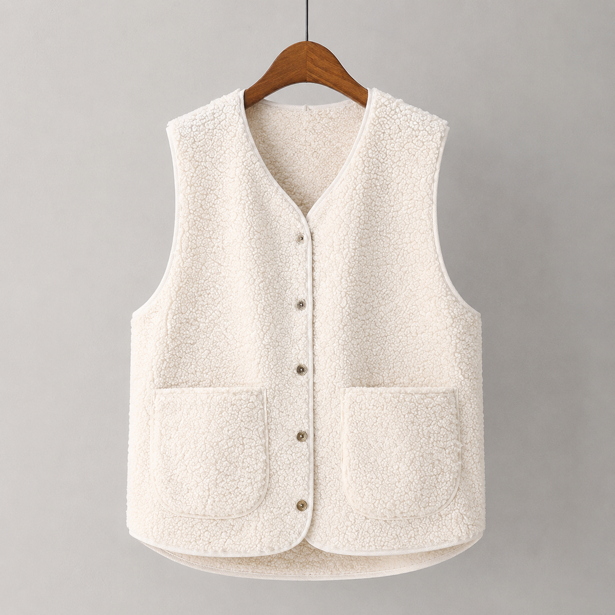 Gilet sans manches femme boutonné à poches et coupe droite 1