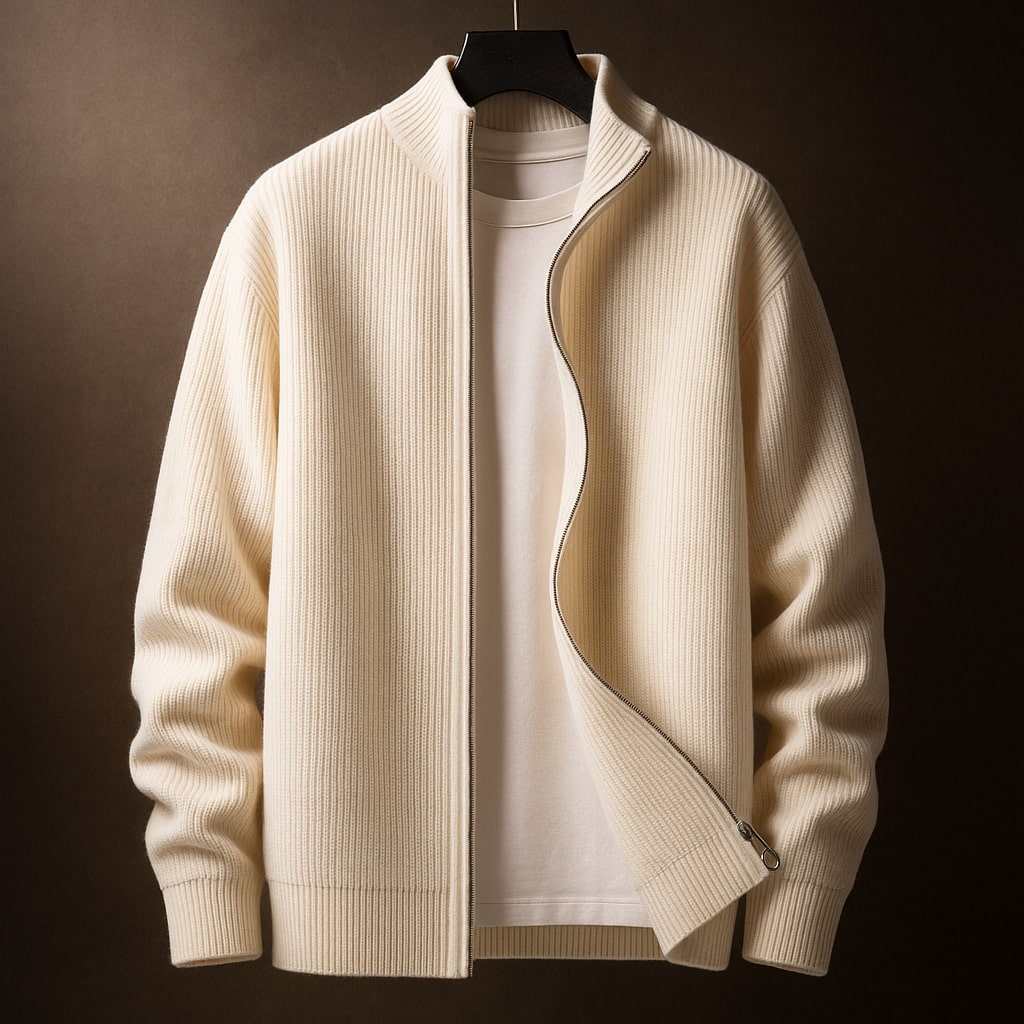 Gilet zippé homme en maille côtelée à col montant 1