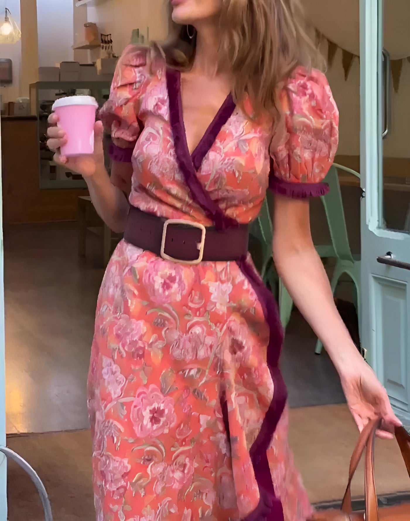 Robe longue fluide à manches courtes et taille cintrée