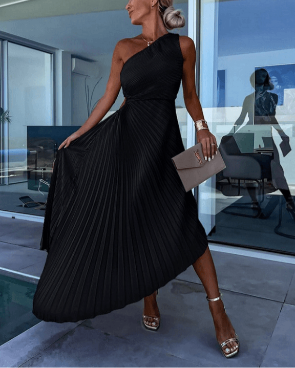 Yasmine – Robe midi asymétrique à une épaule avec plis femme