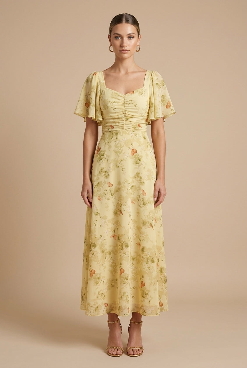 Blanche – Robe maxi à imprimé floral, col carré et manches papillon femme