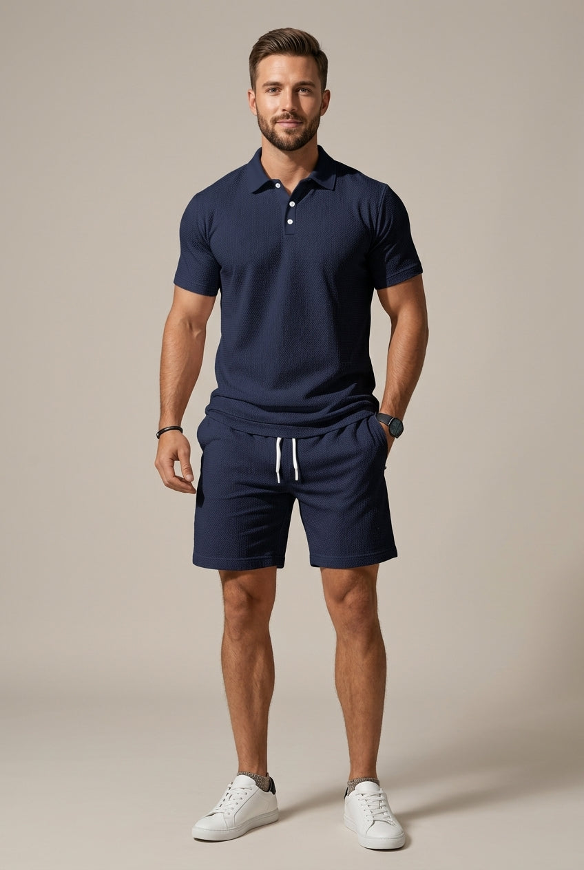 Damien – Ensemble deux pièces : polo texturé à manches courtes et short à cordon de serrage homme