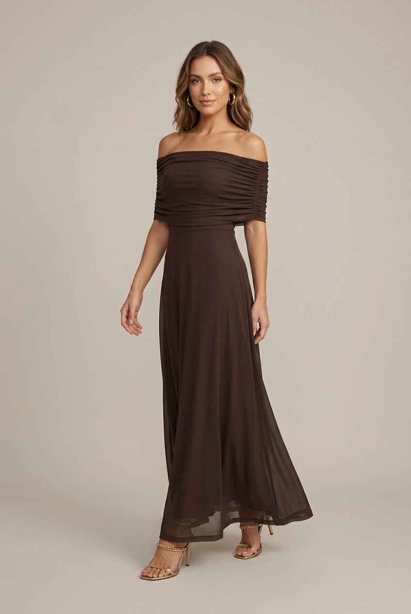 Eugénie – Robe maxi en mesh à épaules dénudées et volants femme