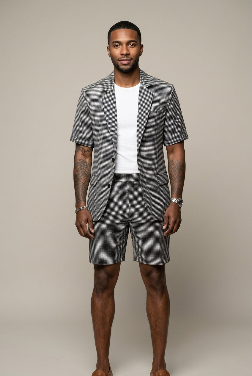 Corentin – Ensemble deux pièces à carreaux : blazer à manches courtes et short assorti homme