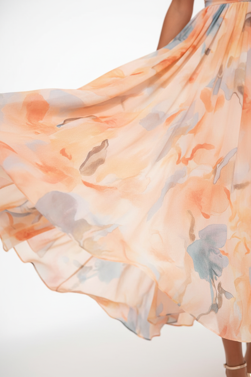 Flavie – Robe maxi fleurie pêche fluide dos-nu invitée de mariage femme
