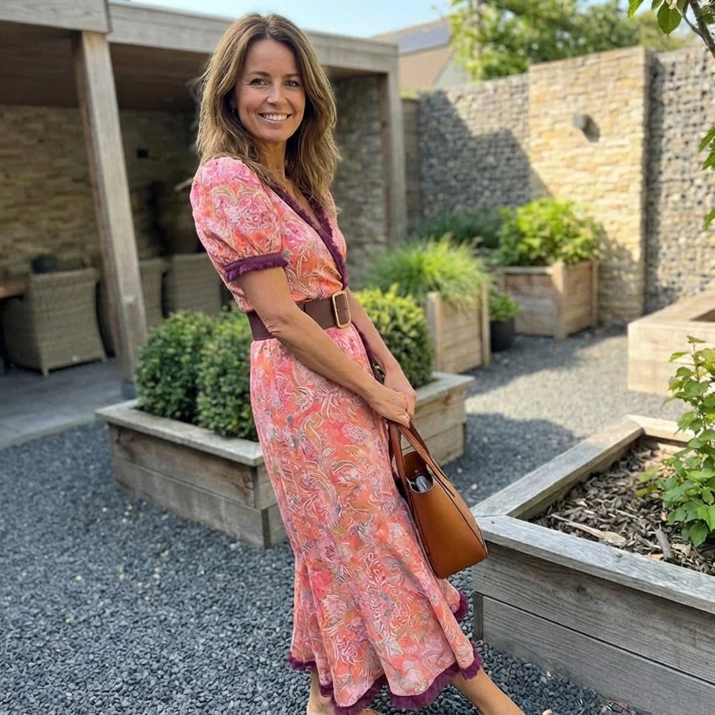 Robe longue fluide à manches courtes et taille cintrée