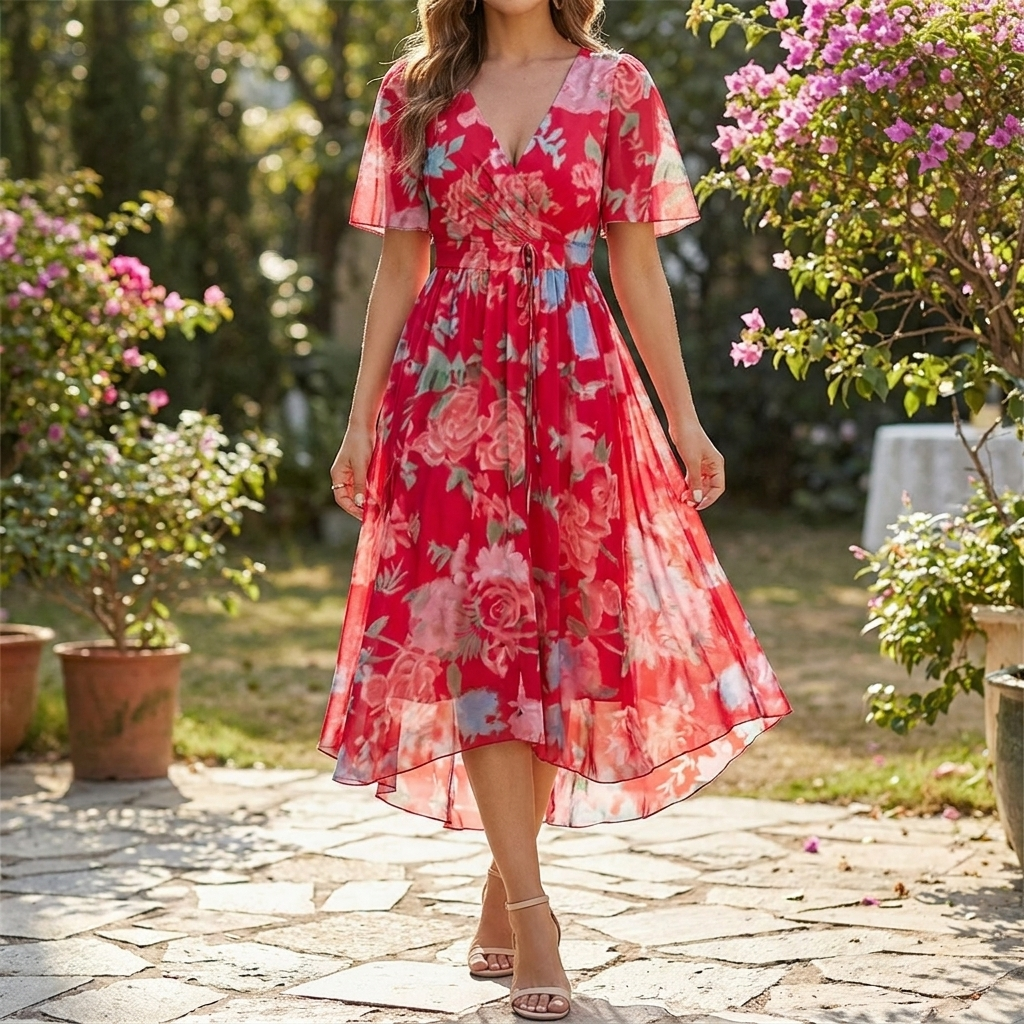 Robe midi fleurie à fronces et manches bouffantes