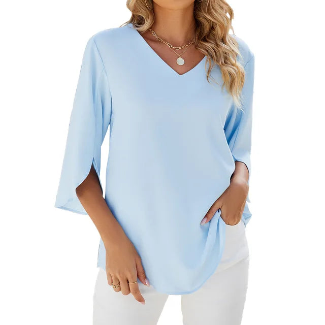 Élina – Blouse d’été à col en V et manches trois-quarts femme