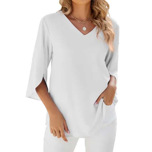 Élina – Blouse d’été à col en V et manches trois-quarts femme