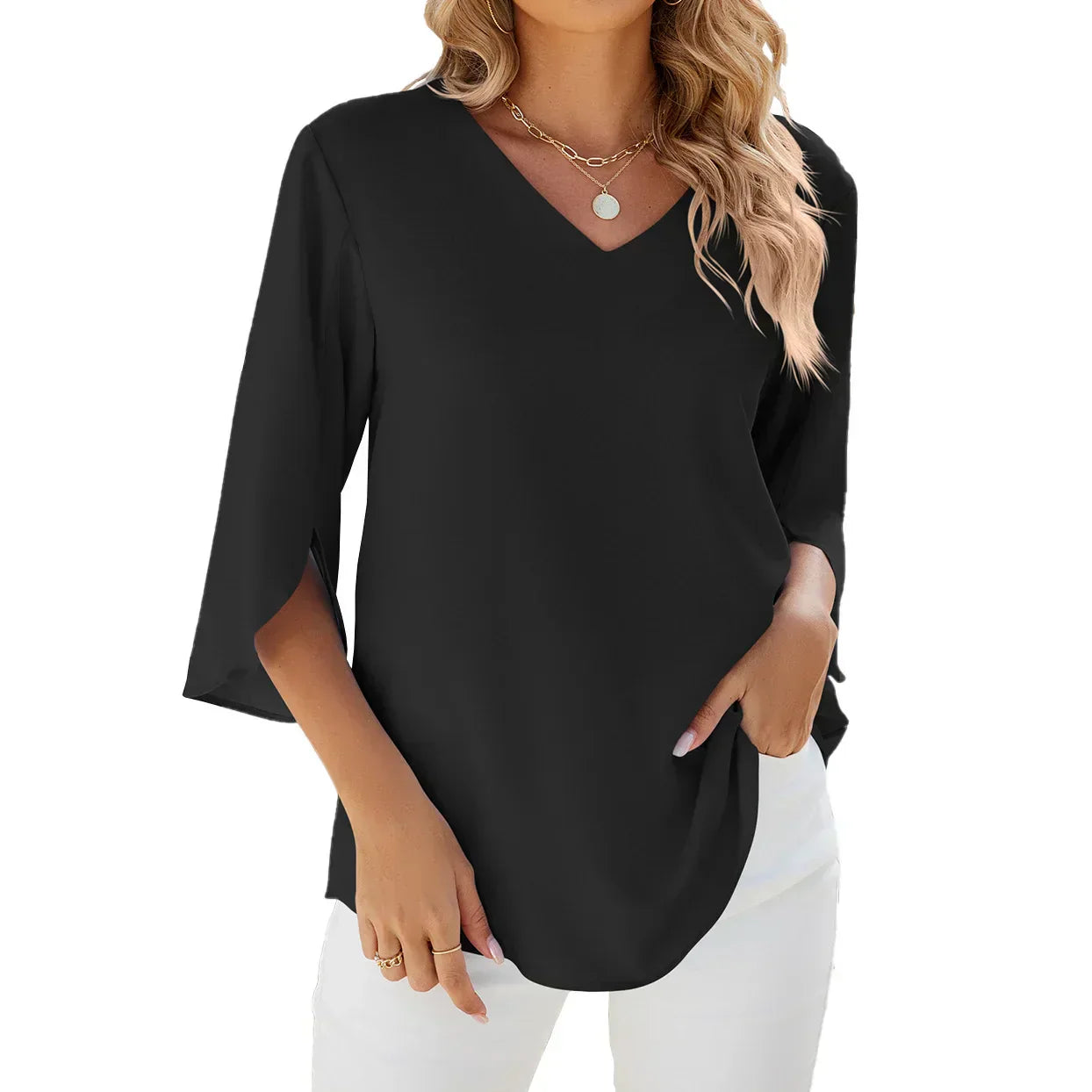 Élina – Blouse d’été à col en V et manches trois-quarts femme