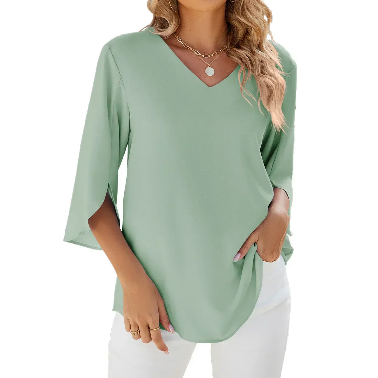 Élina – Blouse d’été à col en V et manches trois-quarts femme