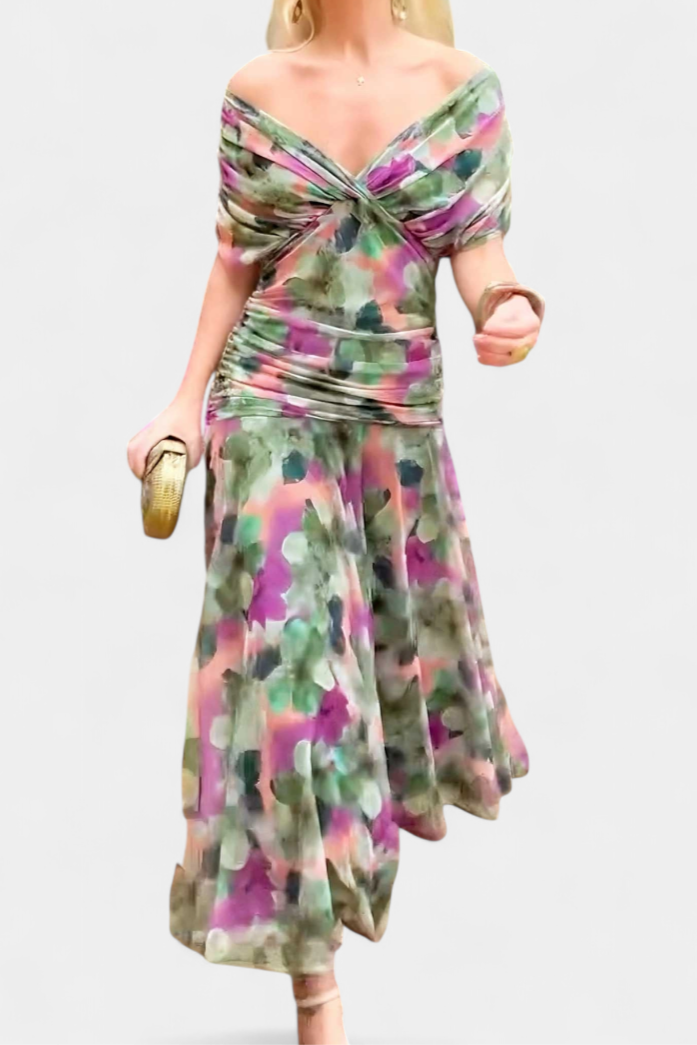 Clémence – Robe midi élégante à épaules dénudées femme