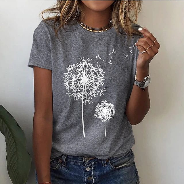 T-shirt pour femme automne long ample en coton mélangé avec imprimé pissenlit Dandelia