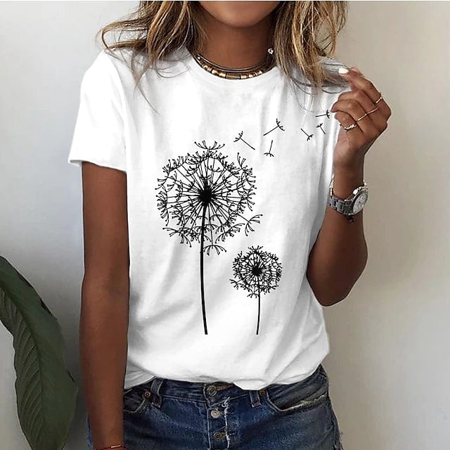 T-shirt pour femme automne long ample en coton mélangé avec imprimé pissenlit Dandelia