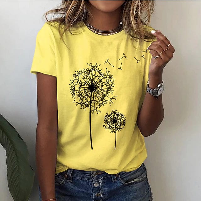 T-shirt pour femme automne long ample en coton mélangé avec imprimé pissenlit Dandelia