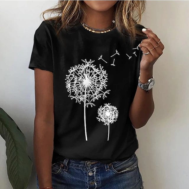 T-shirt pour femme automne long ample en coton mélangé avec imprimé pissenlit Dandelia