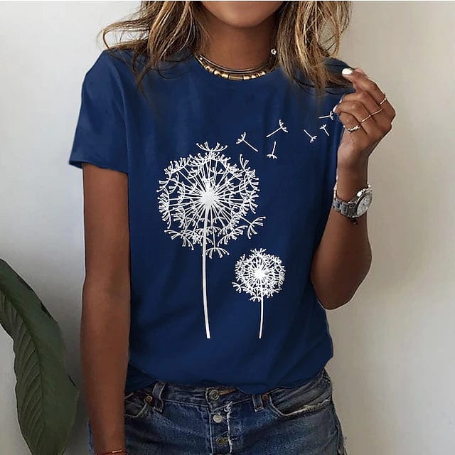 T-shirt pour femme automne long ample en coton mélangé avec imprimé pissenlit Dandelia