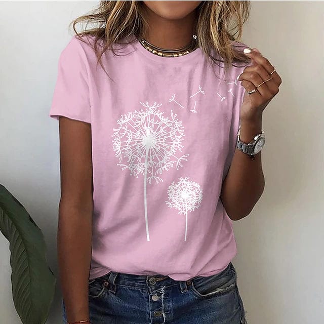 T-shirt pour femme automne long ample en coton mélangé avec imprimé pissenlit Dandelia
