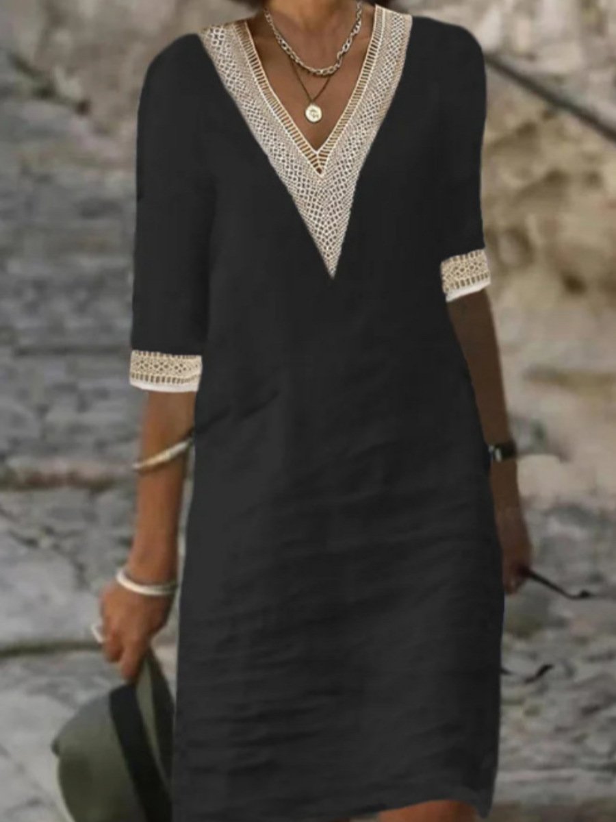 Robe décontractée à col en V avec finitions en dentelle – féminité légère pour vos journées ensoleillées