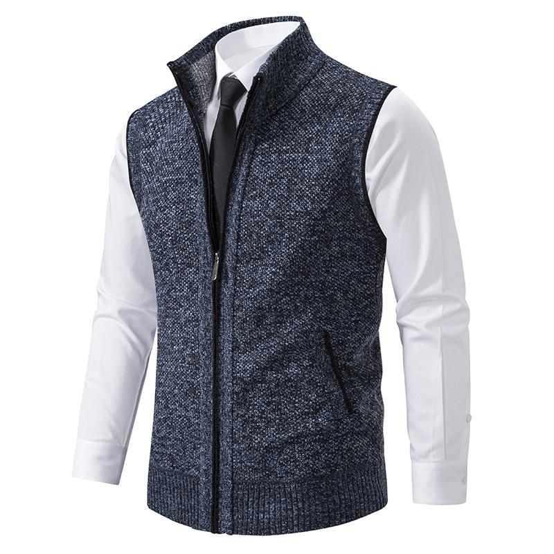 Gilet zippé sans manches pour homme automne élégant texturé en maille chinée avec col montant Jules