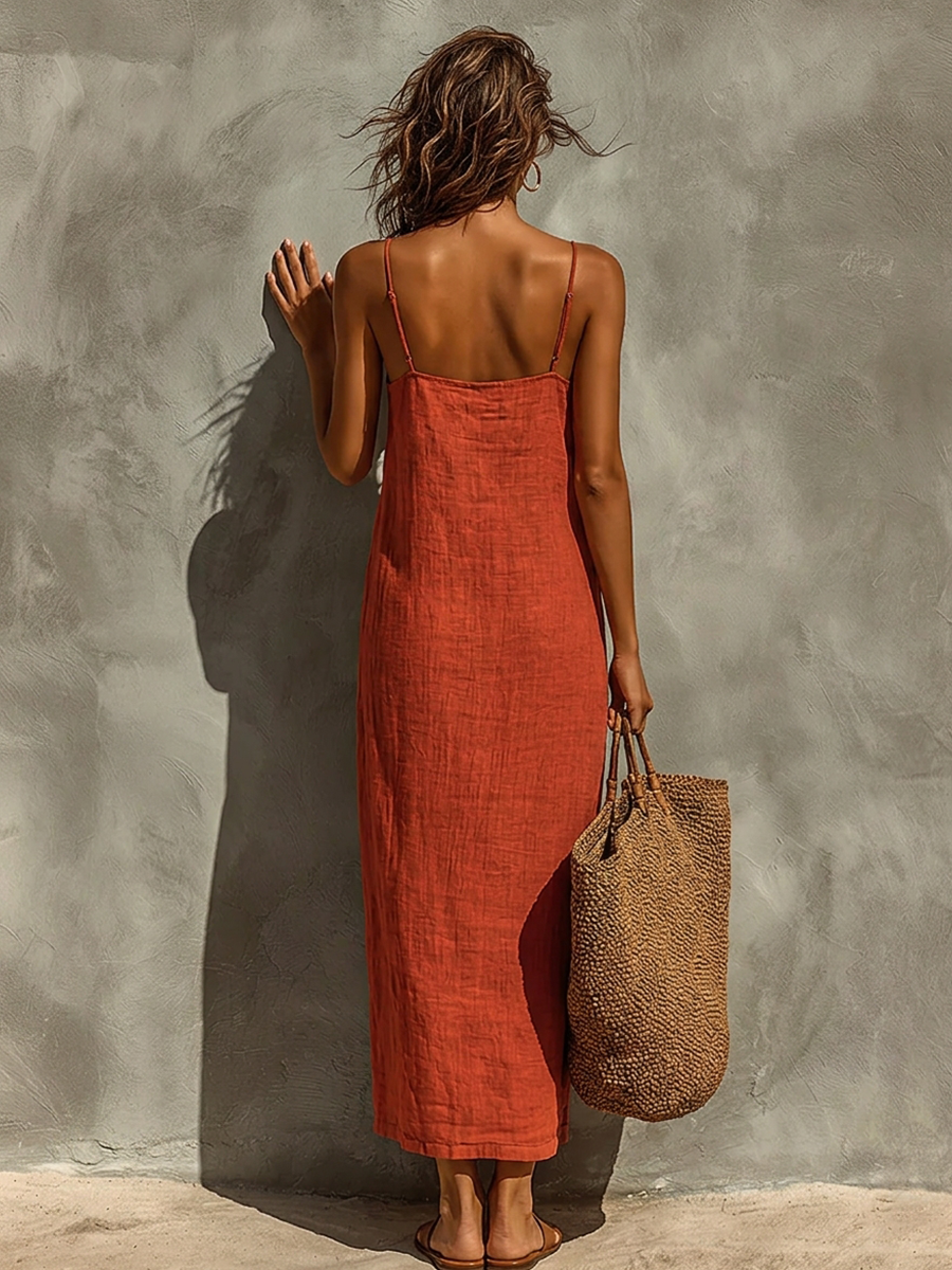 Nine – Robe maxi en coton style bohème à fines bretelles et col carré femme