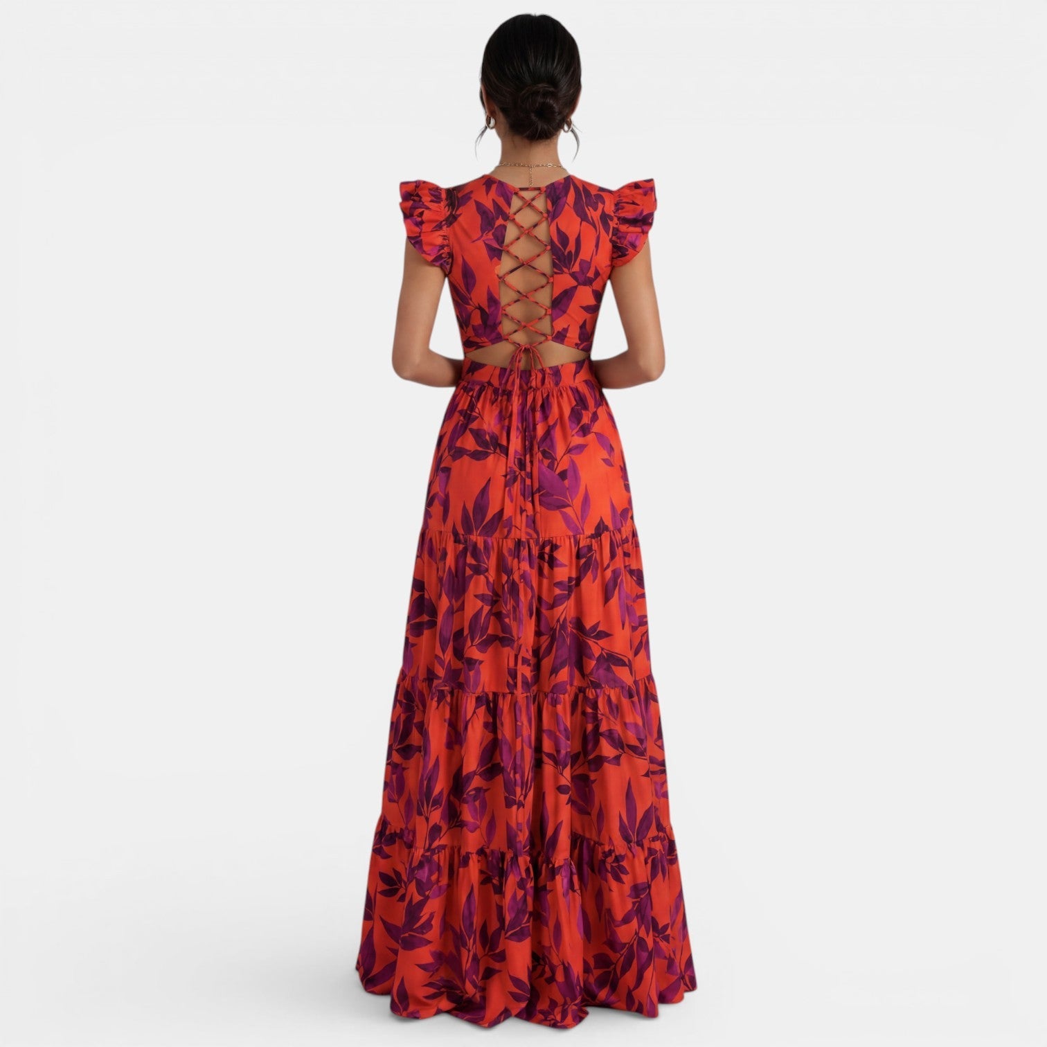 Clara – Robe longue imprimée à volants coupe évasée