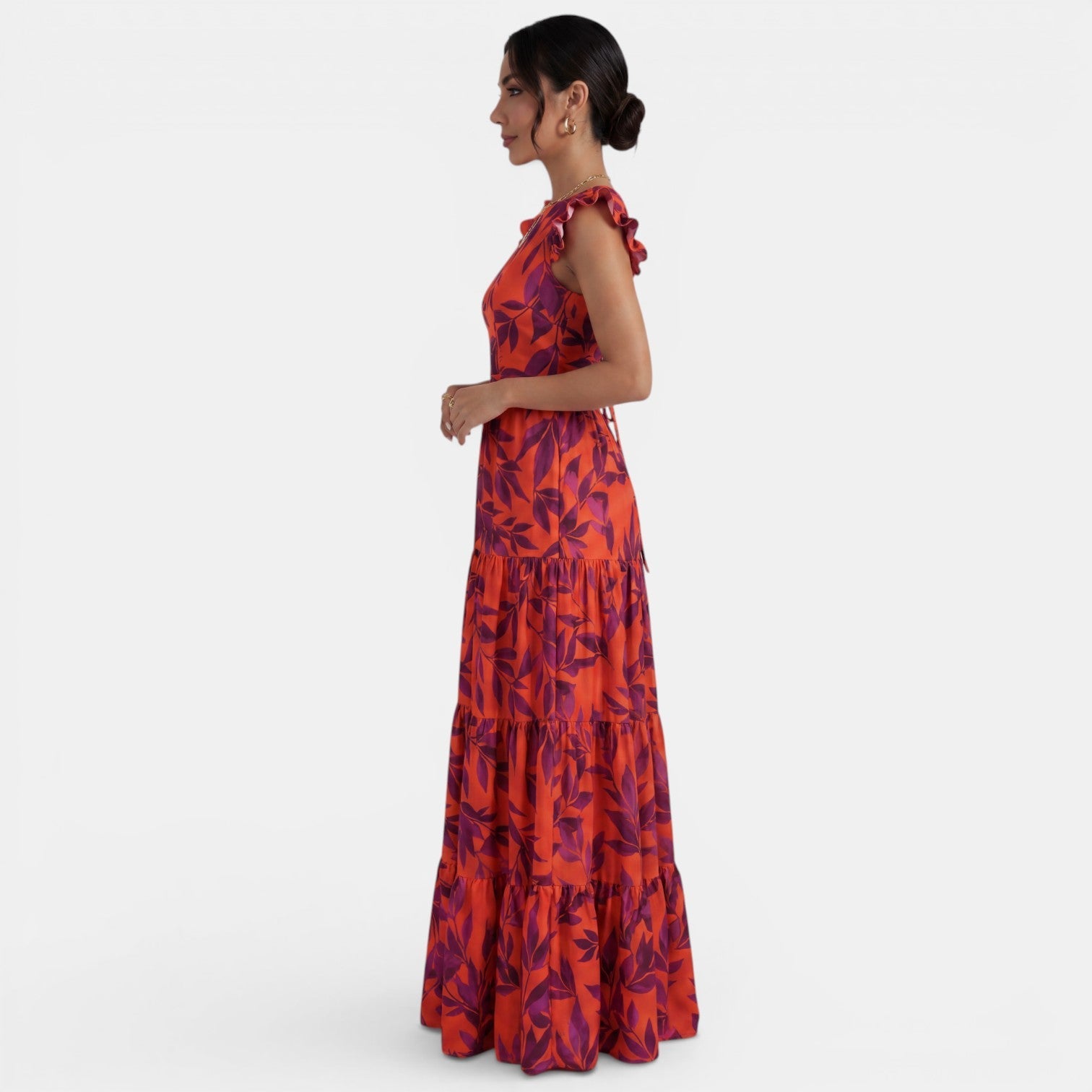 Clara – Robe longue imprimée à volants coupe évasée